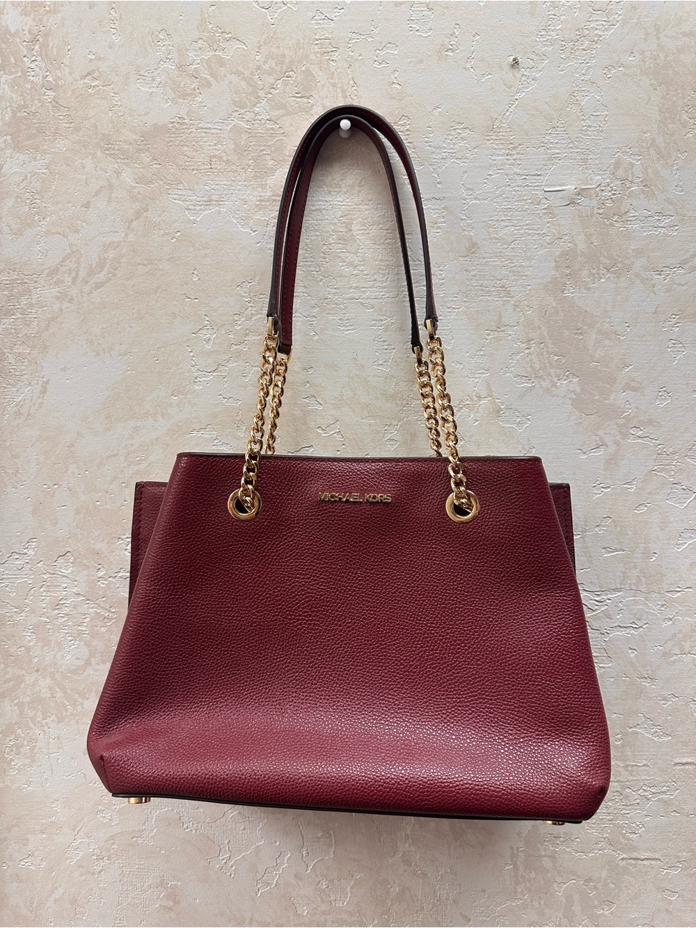 Michael Kors Wine Pebbled Leather Tote with Gold Chain Straps